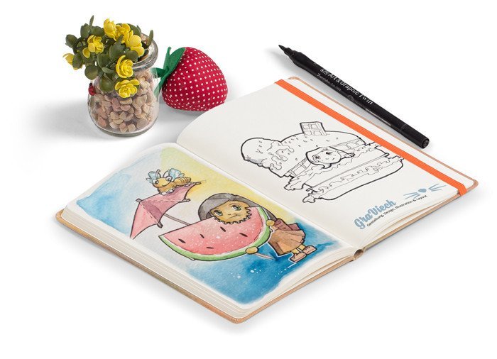 Skizzenbuch mit Cartoon-Illustrationen aus Tusche und Aquarell