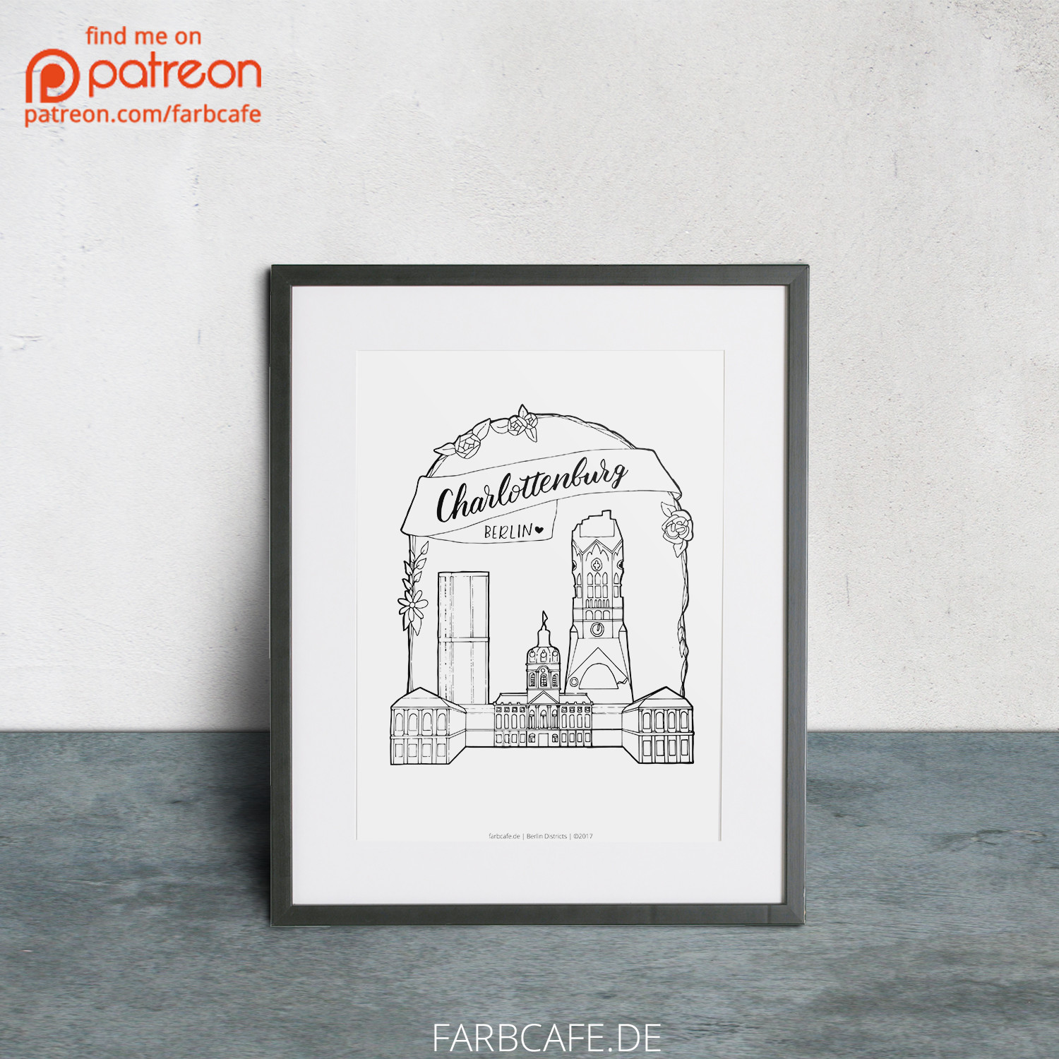 Die Konturen der Illustration "Berlin Charlottenburg" gibt es unter patreon.com/farbcafe zum freien Download zum Aufhängen oder Ausmalen!