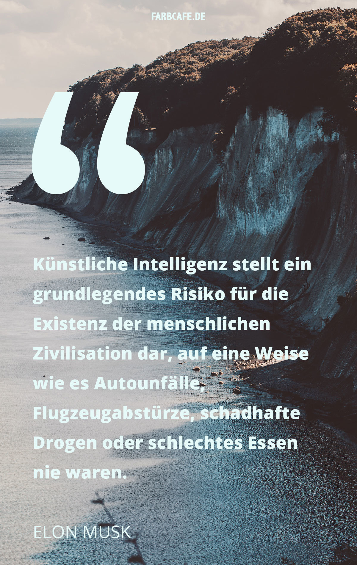 Künstliche Intelligenz stellt ein grundlegendes Risiko für die Existenz der menschlichen Zivilisation dar, auf eine Weise wie es Autounfälle, Flugzeugabstürze, schadhafte Drogen oder schlechtes Essen nie waren. - Elon Musk