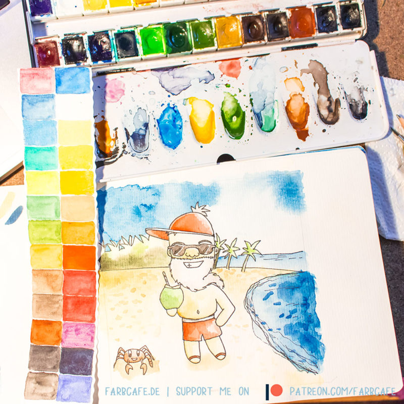 Aquarell Skizzenbuch mit Weihnachtsmann und Kokosnuss