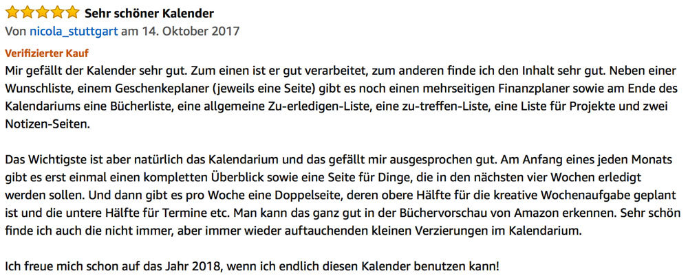Kreativkalender Rezension bei Amazon